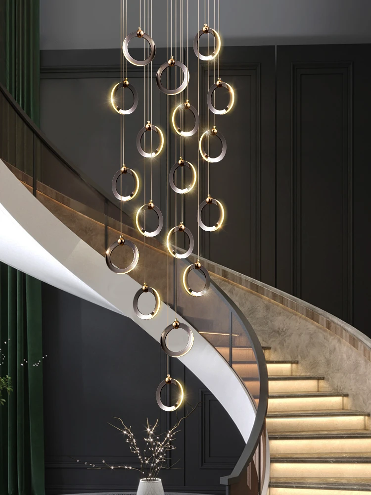 

Modern Stairs Ceiling Chandelier Black/Golden Al Indoor LED Lighting Acrylic Ring Home Decor Lamps Nordic Parlor Hanging Lights