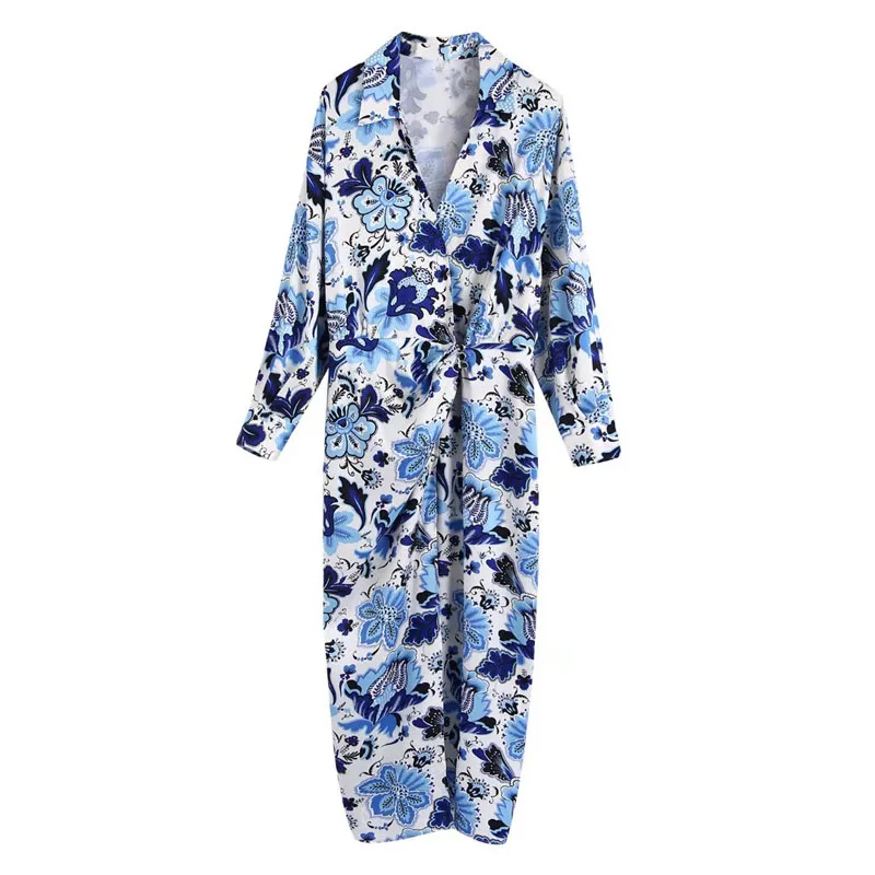 

Spring Summer Women's Casual Printed Lapel Long Sleeve Dress
