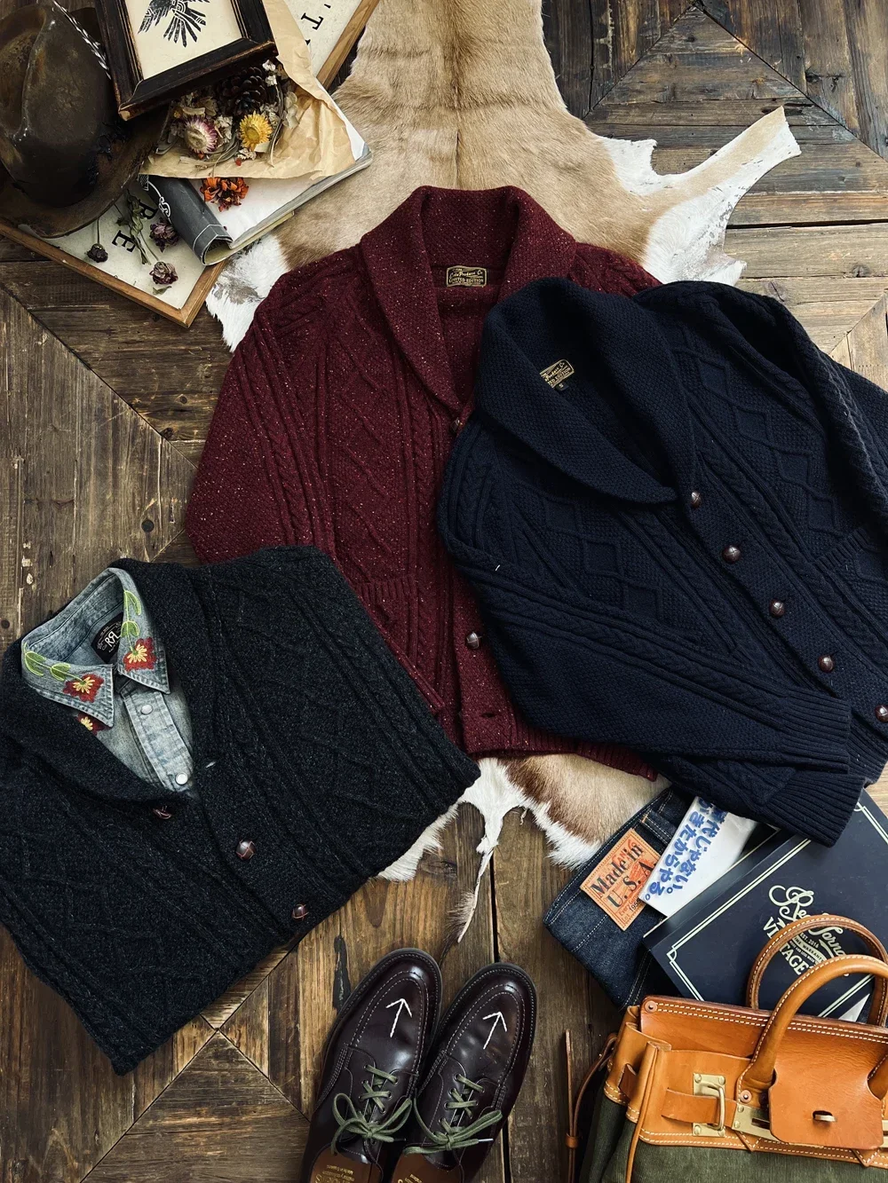 Классический британский винтажный тяжелый свитер с решеткой Blunt Razor шерстяной