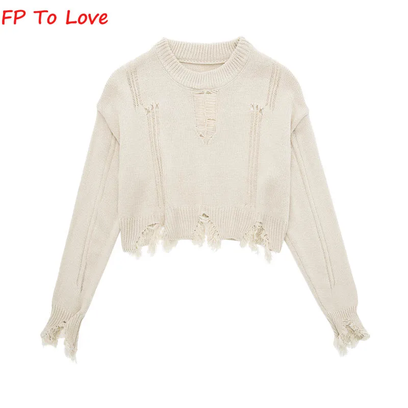 

OOTD Tassel Hollow Out Sweater Pullover Beige Woman Knitted Outwears Elegant Grey Female Brown White PB&ZA