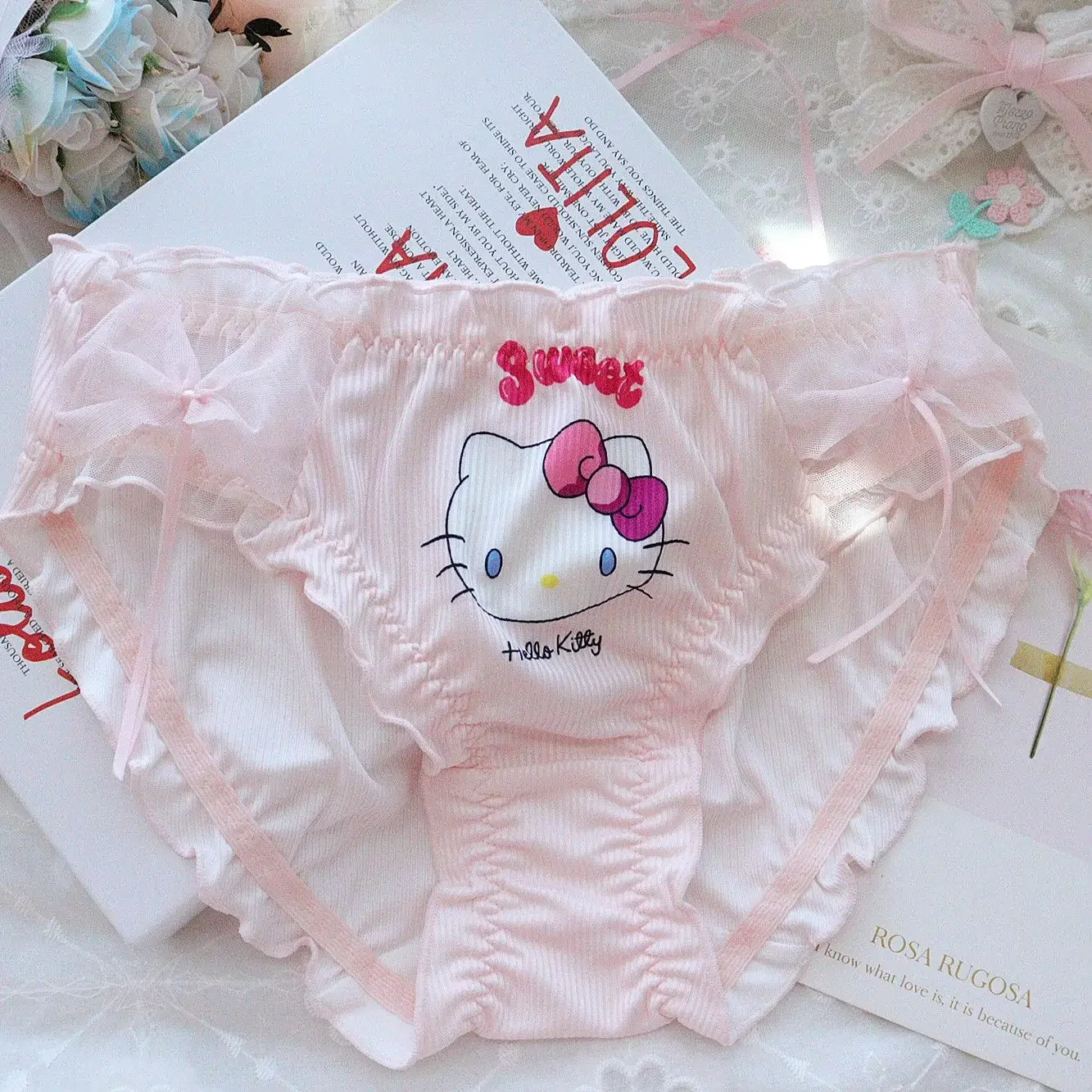 Японские милые трусы Hello Kitty девчачьи кружевные с рюшами и милым принтом женские