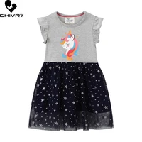 girls dresses summer 2022 kids baby girl cartoon unicorn short sleeve o neck dress fashion mesh star print princess dresses