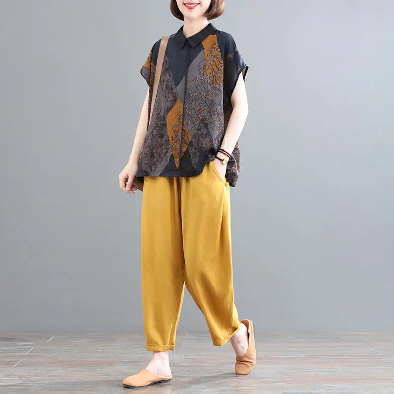 

2 Piece Set Cotton Women Summer Casual Suits New 2023 Summer Vintage Style Loose Comfortable Female Tops and Pants Q444