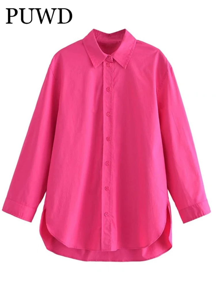 

PUWD Oversize Women Solid Color Turn-down Collar Blouse 2022 Spring Fashion Ladies High Street Casual Shirt Female Loose Shirt