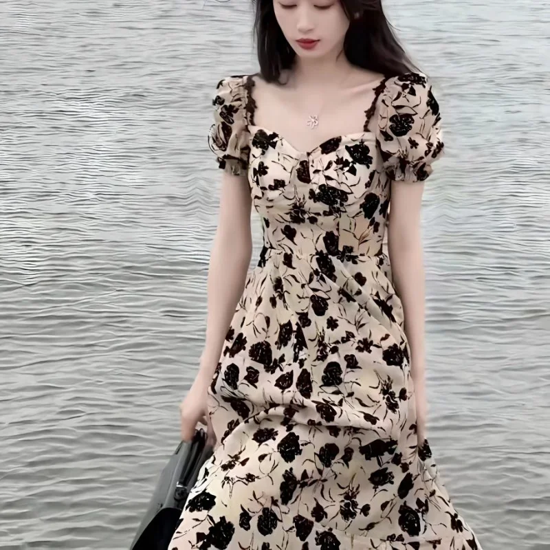 

ICCLEK Dry Rose Hepburn Style Dress French High Waist Skirt Design Sense Chic Tea Break Floral Long Dress Female