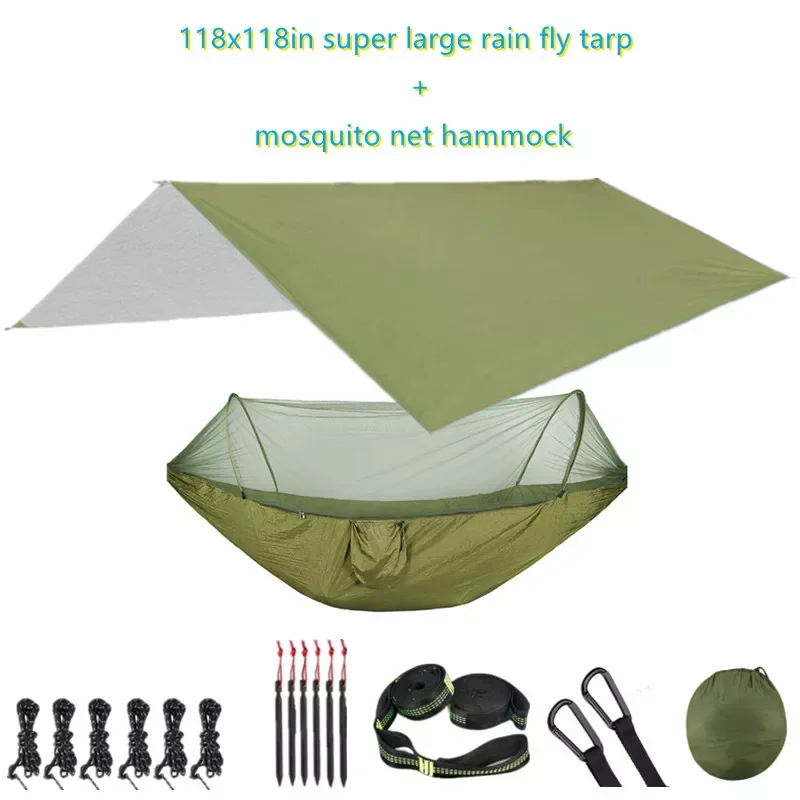 

Parachute Outdoor Camping Hammock with Mosquito Net and 118x118in Rain Fly Tarp,10-ring Tree Strap Hammocks Swing