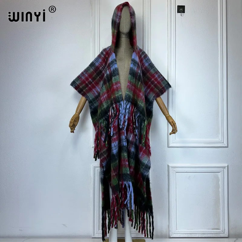 WINYI Африканское пальто с капюшоном для женщин клетчатый принт зимний кардиган