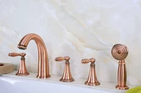 antique red copper brass three levers handles deck mounted 5 holes bathroom tub faucet mixer tap with handshower mtf202