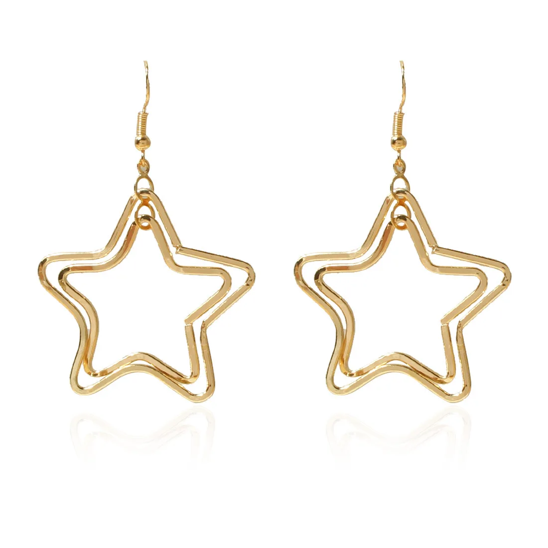 

LuxHoney Trendy Cute Gold Plated Double Geometric Hollowed-out Stars Hook Dangle Earrings for Women OL Girls In Party Birthday