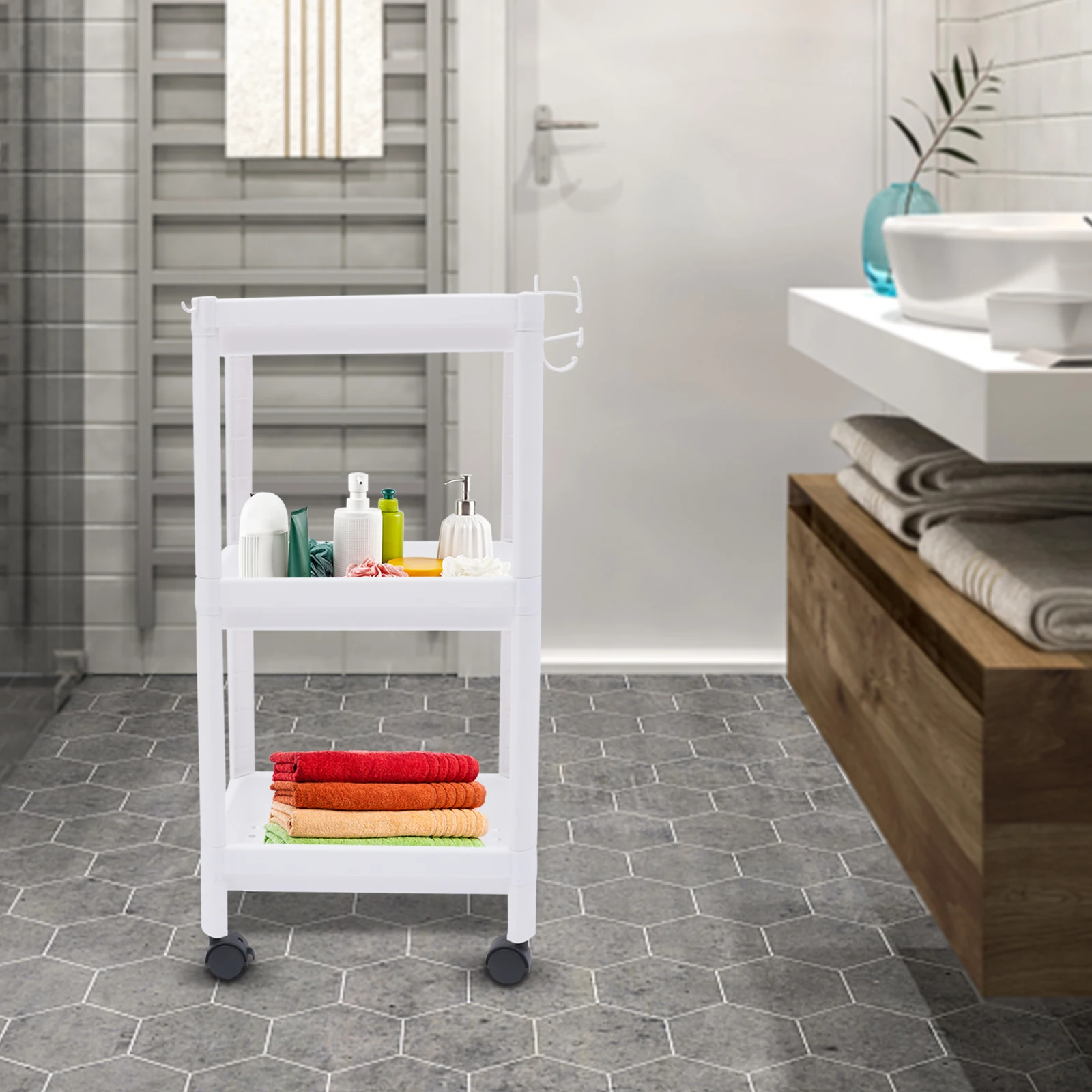 

3-Layer Freestanding Storage Shelf w/ Wheels, PP Plastic White Shelf