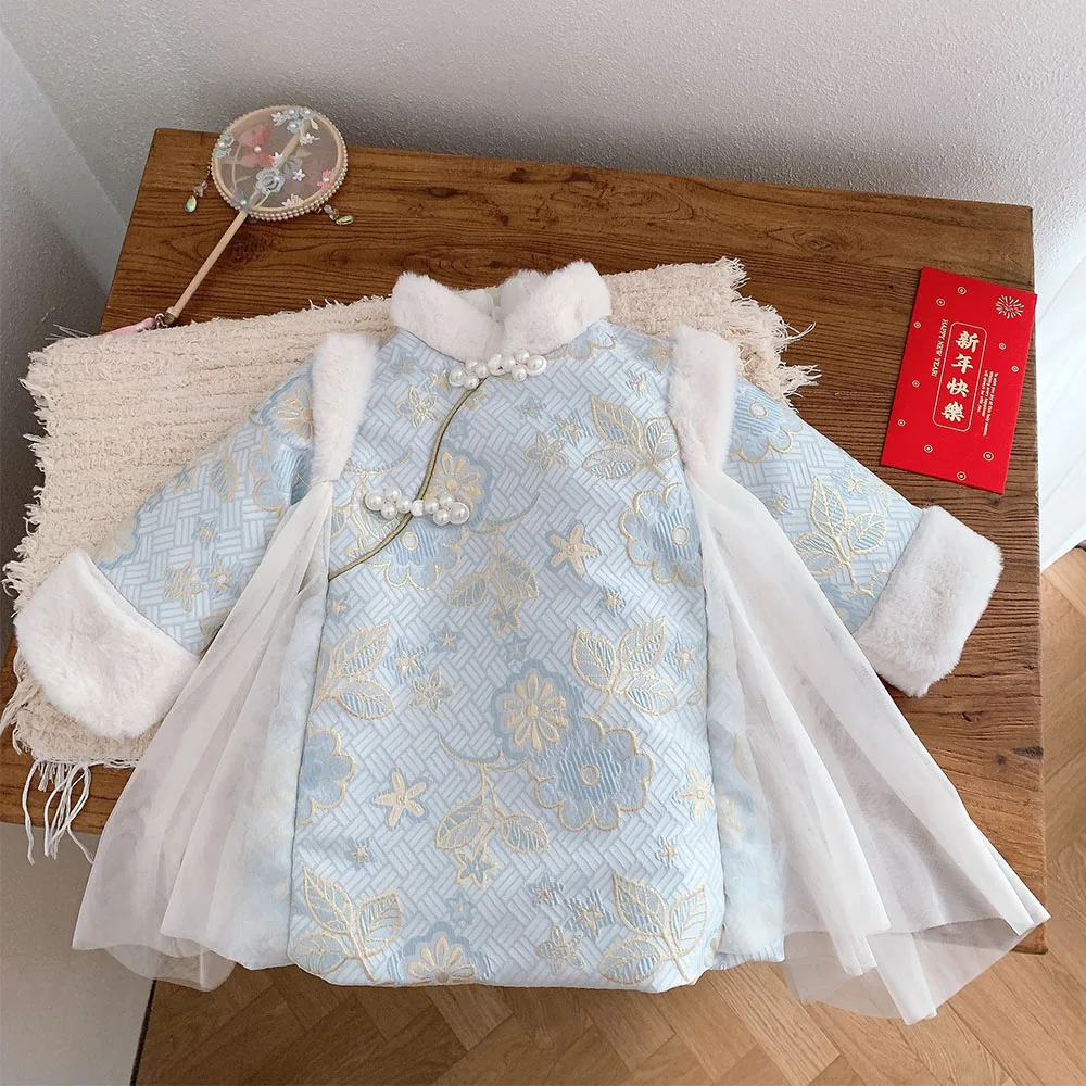 

Китайские новогодние платья принцессы для девочек с длинным рукавом утепленная теплая зимняя Рождественская одежда для малышей