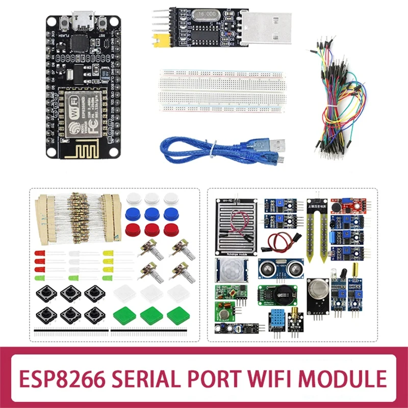 

ESP-12E ESP8266 CP2102 Development Board +16X Sensors+Component Package+USB To Serial Port Module+65 Jumper+Bread Board