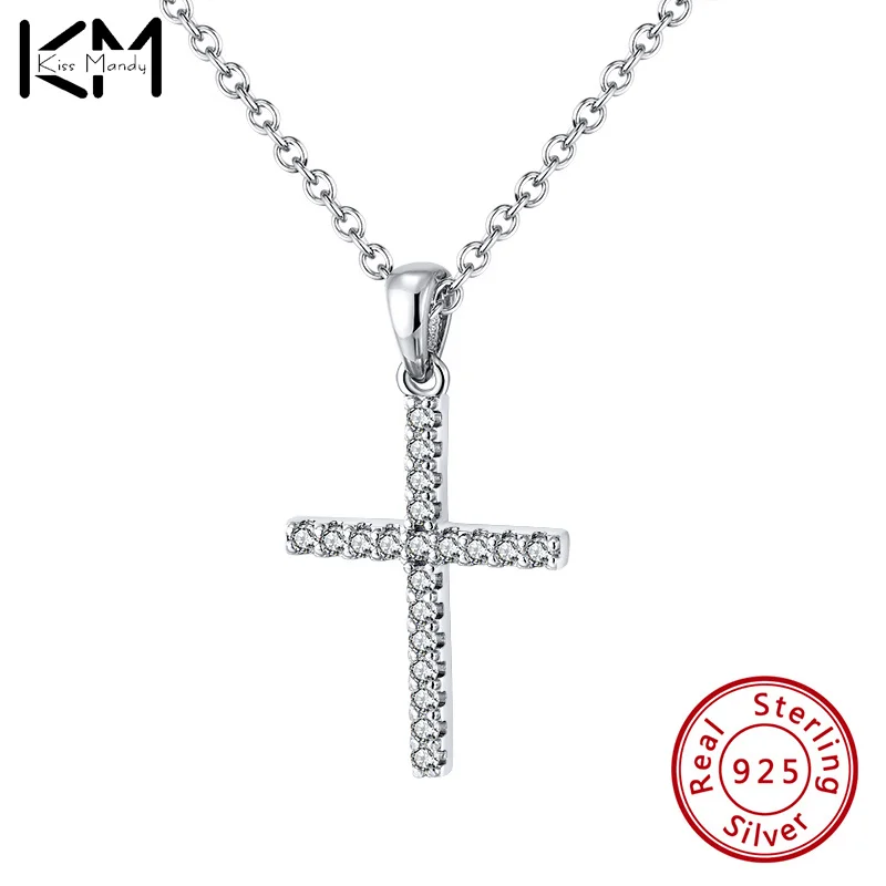 

KISS MANDY 925 Sterling Silver Pave Zircon Cross Pendant Necklace Crystal Jesus Necklace For Women Men Fashion Jewelry SN219