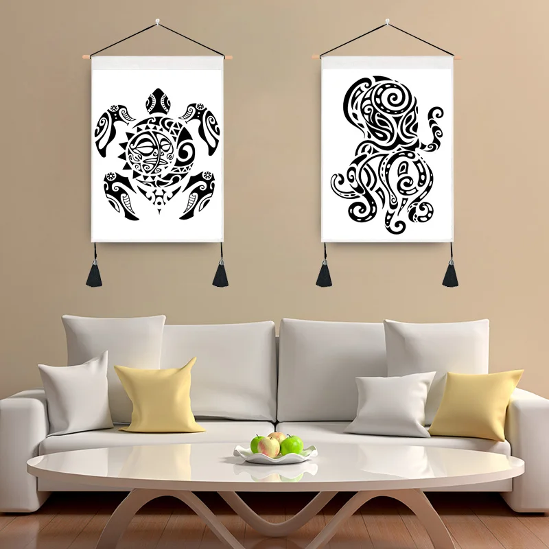 

Black and white line squid turtle gecko decorative painting home living room background wall hanging painting frameless painting