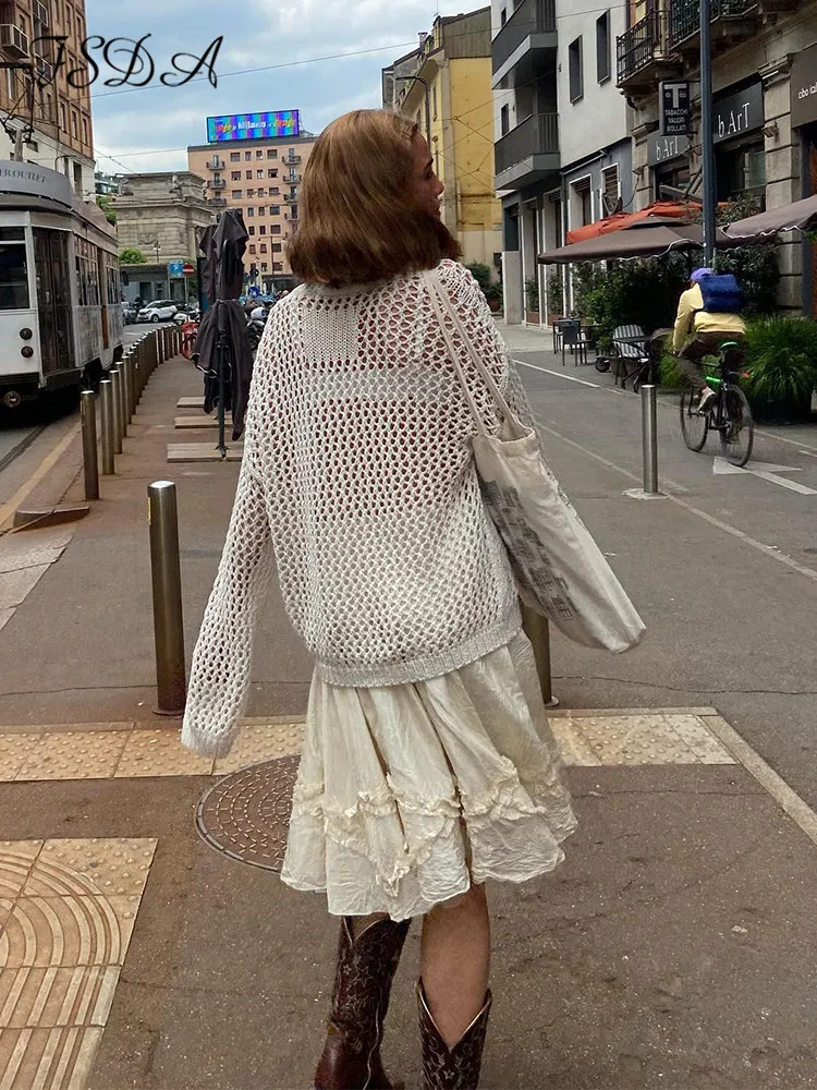 FSDA 2022 O Neck Hollow Out Long Sleeve T Shirts Oversized Summer See Through Black Y2K Vintage Sexy Tops Knitted Beach 90s