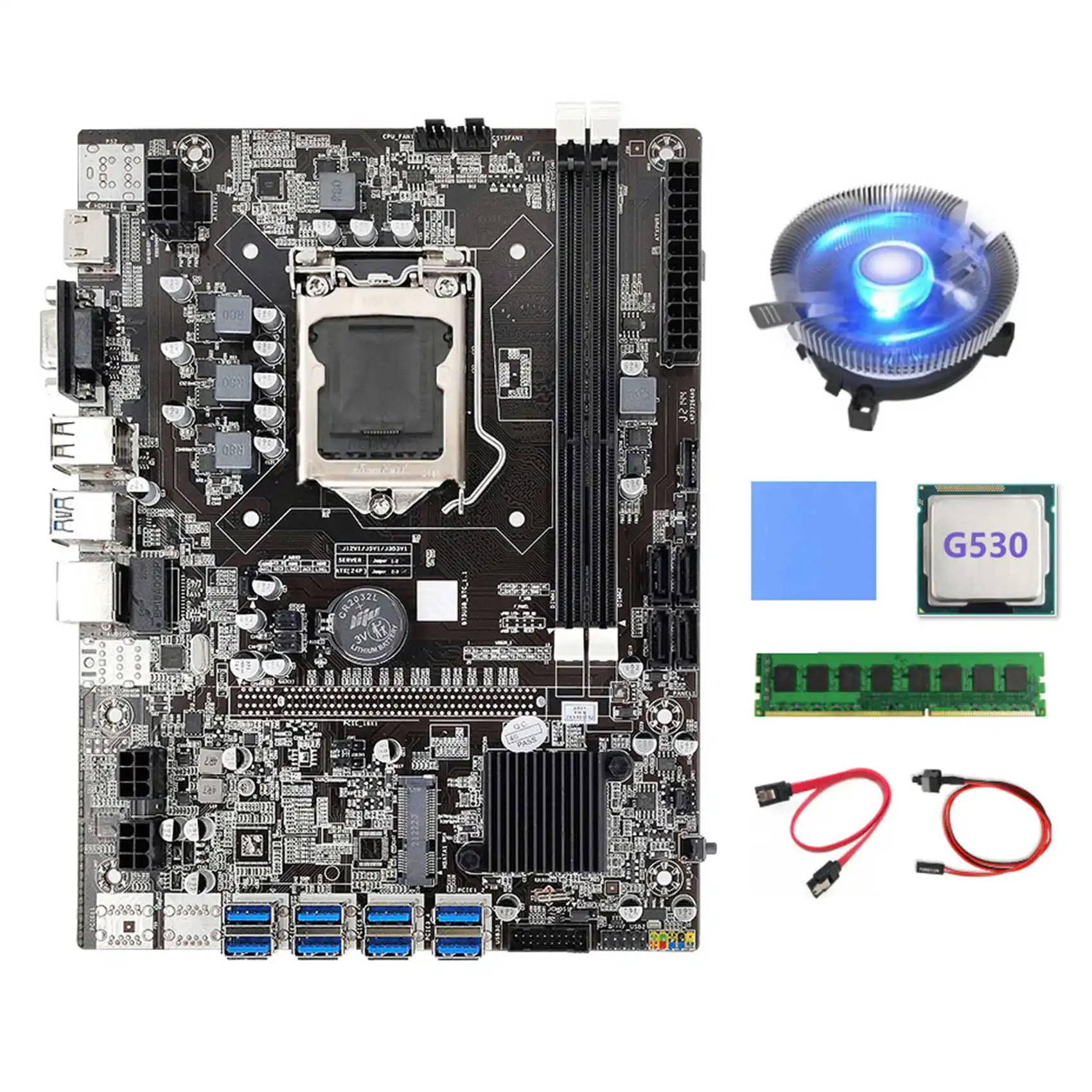 B75 BTC Miner Motherboard 8XUSB+G530 CPU+DDR3 4G 1600Mhz RAM+CPU Cooling Fan+SATA Cable+Switch Cable+Thermal Pad