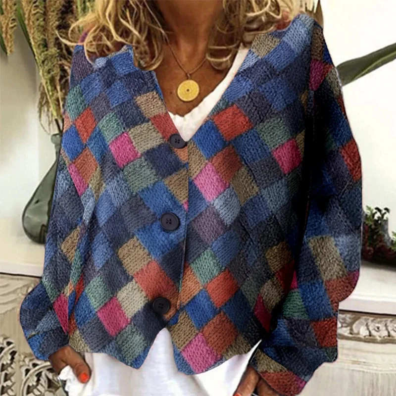 

Женская винтажная куртка с V-образным вырезом и длинным рукавом, повседневная однобортная куртка в клетку с принтом, осенняя Женская свободная короткая куртка, 2023