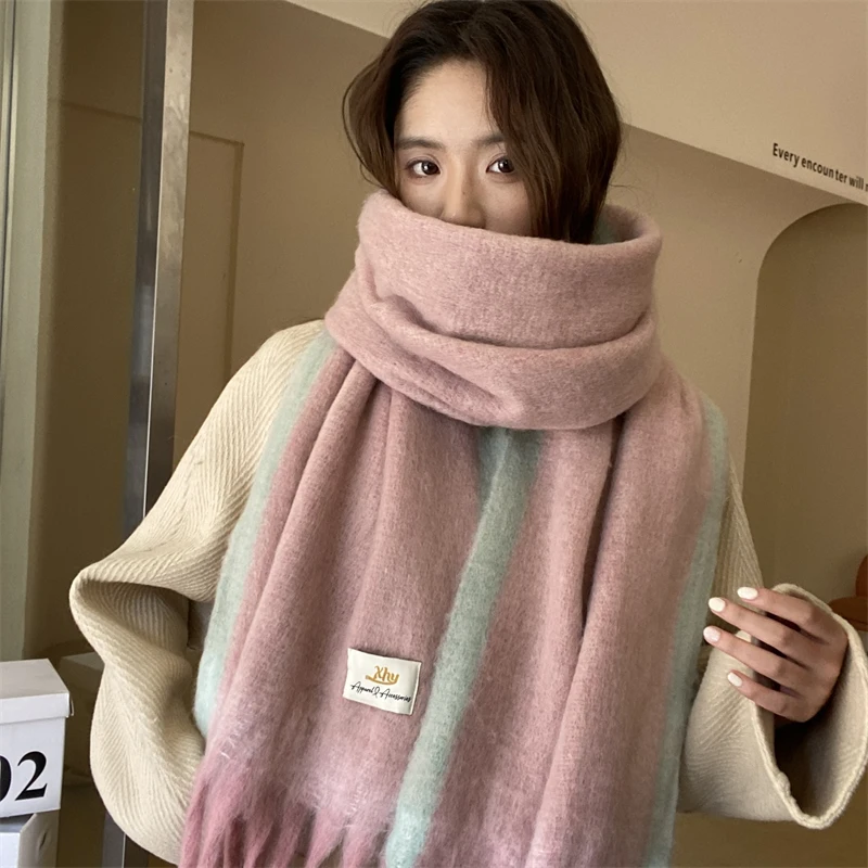 Большой зимний женский шарф двухцветные вязаные пончо накидка женская шаль