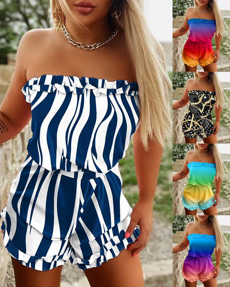 

Sexy Sleeveless Strapless Rompers Women Slash Neck Boho Print Jumpsuits 2023 Casual Holiday Beach Jumpsuit Woman Clothing