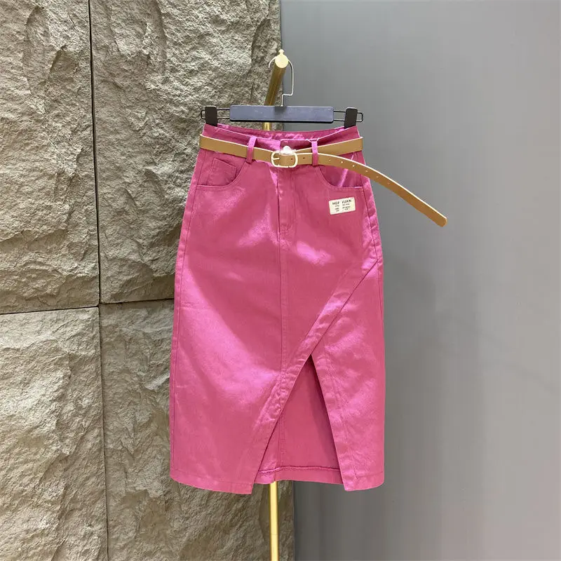 Mid-length rose pink skirt summer dress 2021 new Korean  high waist one-step skirt women's casual denim skirt trend