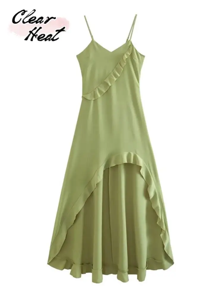 

Женское платье-миди без рукавов, с оборками по краям