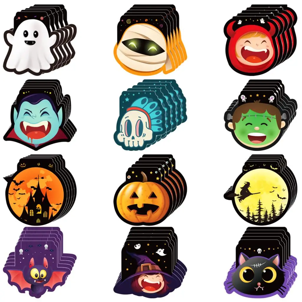 

Spooky Characters Note pads Stickers Pumpkin Cat DIY Notebook Decoration Graffiti Sticker Halloween Notepad Set in 12 Designs