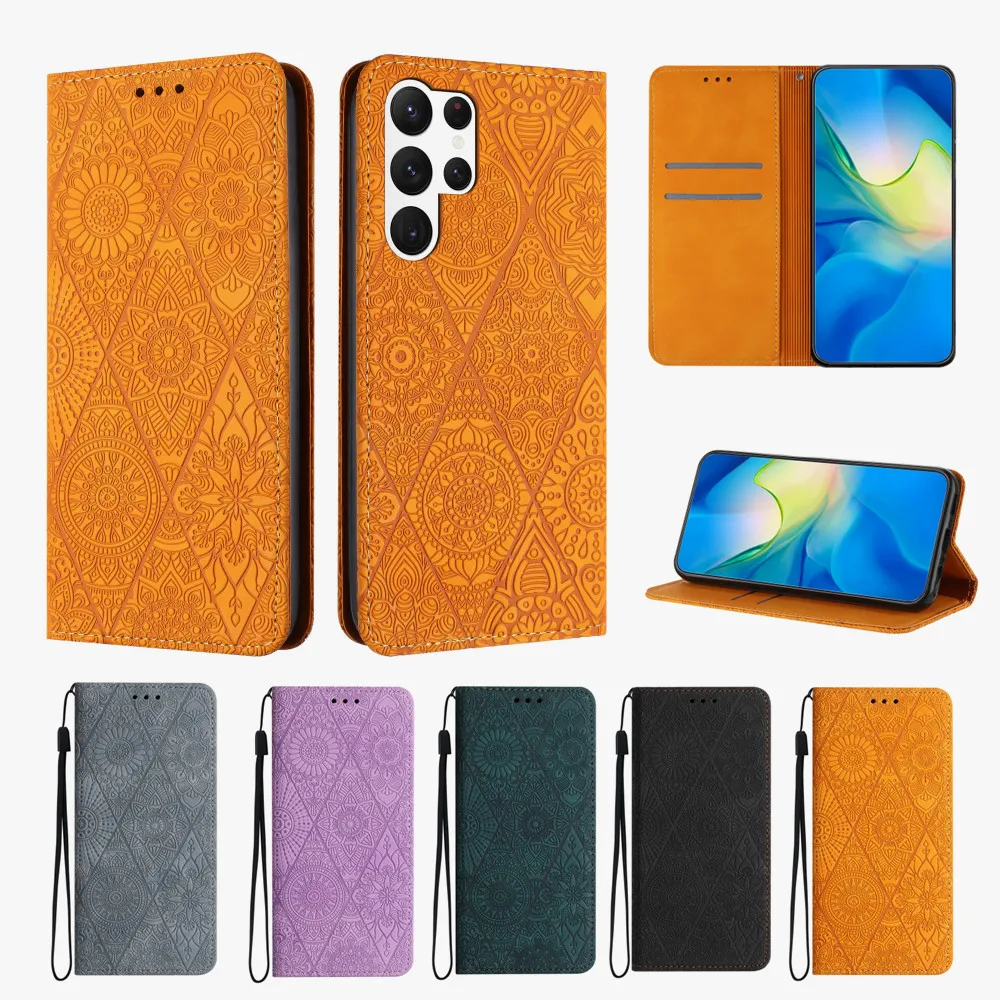 

Magnetic Flip Phone Case for Samsung Galaxy S23 S22 Ultra S20 S21 FE S10E S9 S8 Plus Vintage Ethnic Style Embossed Leather Cover