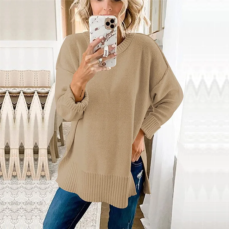 

Women’s new style Europe and the United States fashion round-necked long-sleeve slit sweater