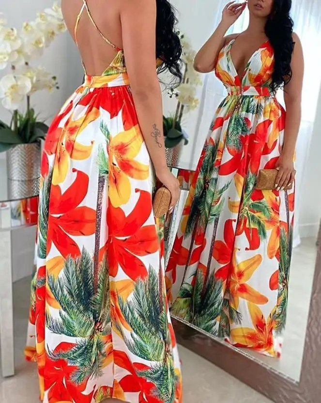 

Women's Elegant Sling Dress Fashion Floral Print Backless Sexy Maxi V-Neck Spaghetti Strap Dress Seaside Vacation in Summer 2023