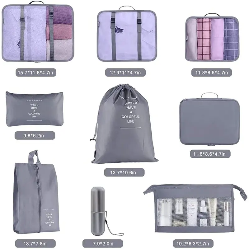 Packing Cubes - 9 PCS Travel Luggage Organizers Set Waterproof Suitcase Organizer Bags Clothes Shoes Cosmetics Toiletries Storag