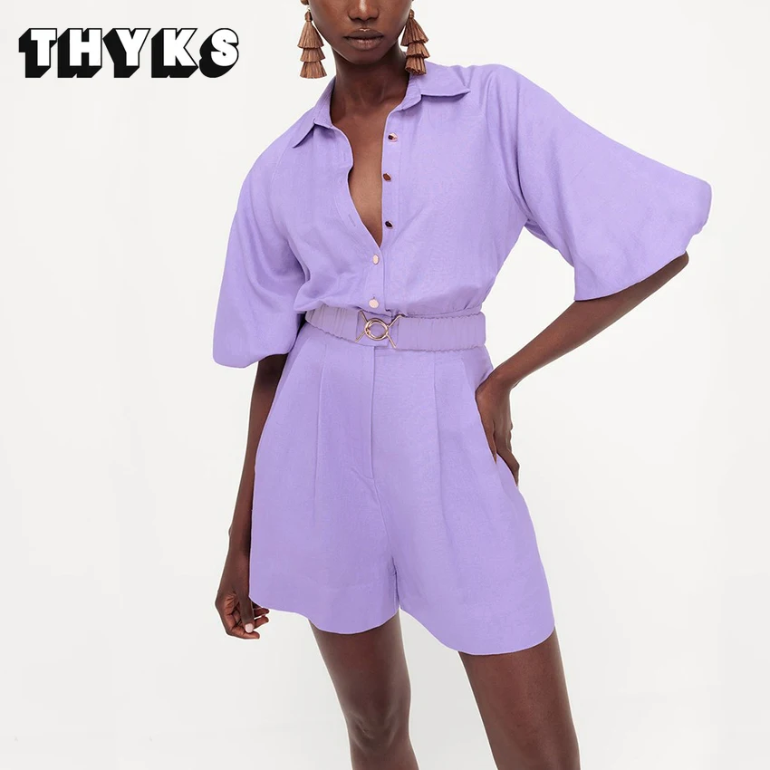 

Casual Purple Jumpsuit Ladies Balloon Sleeves Women's Short Jumpsuit Button High Waist Bodysuit Ladies Jumpsuit Cotton Khaki