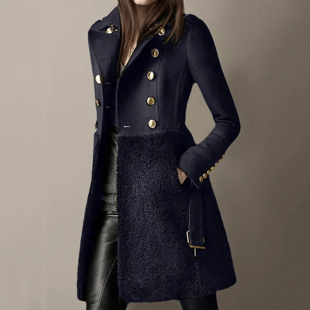 

Женское шерстяное пальто 2022, двубортное длинное пальто средней длины, осенне-зимнее флисовое пальто, элегантная верхняя одежда, пальто с за...