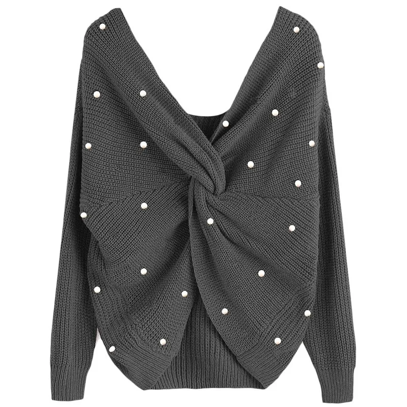 

Women's Sweater Long Sleeve with Plastic Pearl Irregular Open Sexy Deep V-neck Loose Back Knit Pullover Women's Pullover 2021
