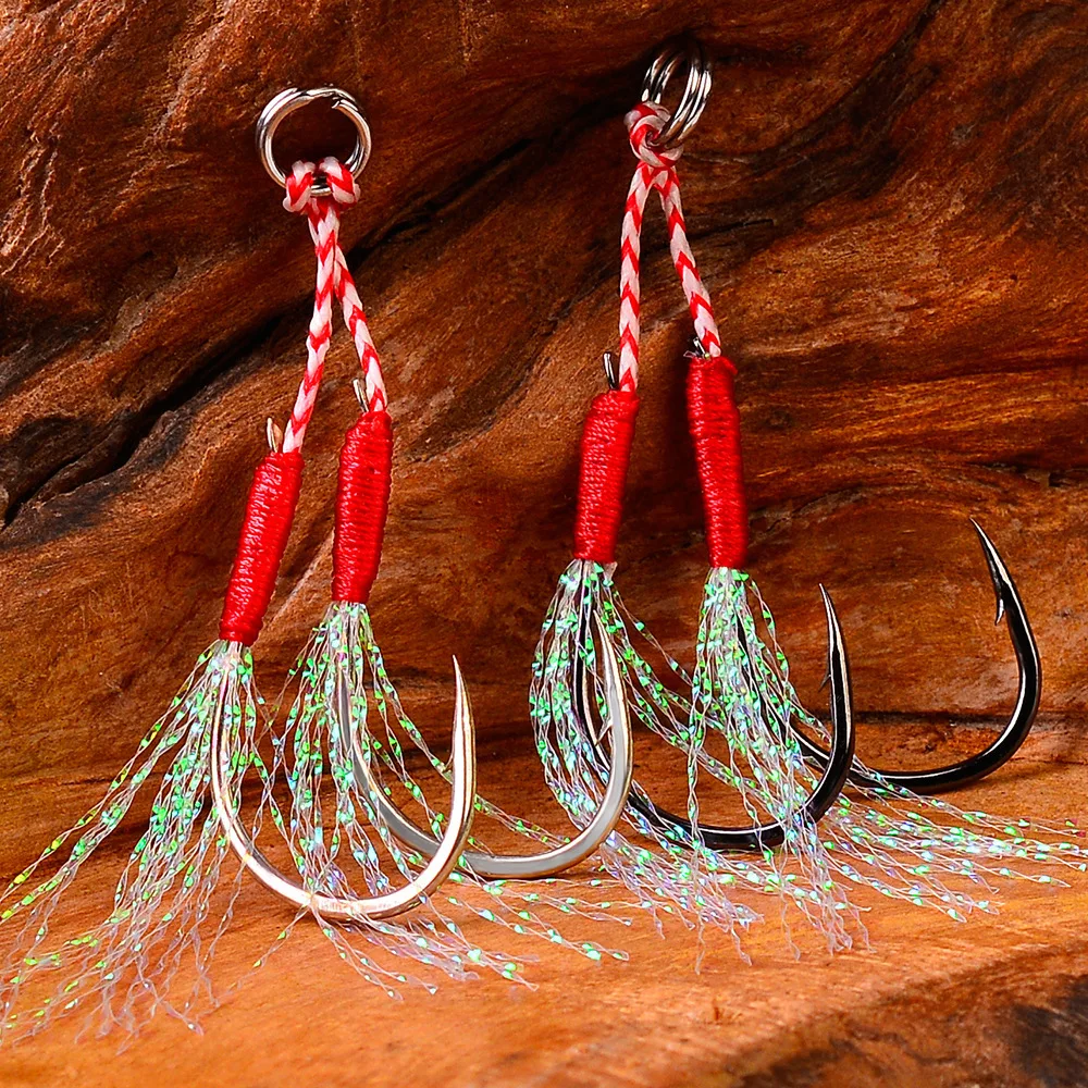 10pair/lot Fishing Hook Jig Double PairHooks Barbed Thread Feather Accessories Pesca High Carbon Steel Fishing Lure Slow Jigging
