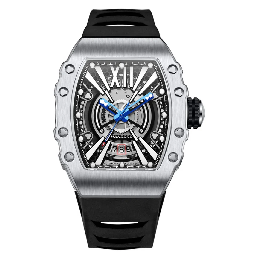 HANBORO Men Automatic Watch Luxury Tonneau Mechanical Wristwatch Waterproof Luminous Skeleton Carbon Fibre / Steel Bezel 8215