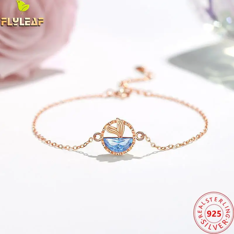 

Real 925 Sterling Silver Jewelry Blue Sea Fish Tail Bracelet Femme Rose Gold Plating Original Design Women Luxury Accessories