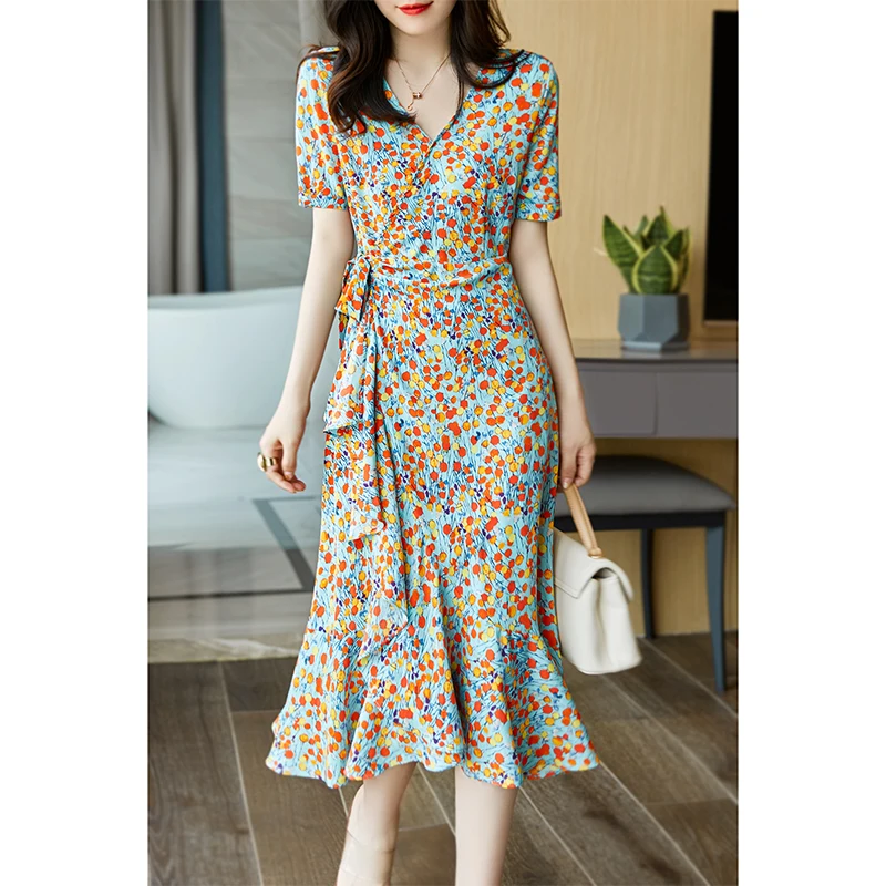 

2023 Elegant Printing Summer Long Dress New Fashion V Neck Chiffon Dress for Women Short Sleeve Evening Party Dresses Robe 27205