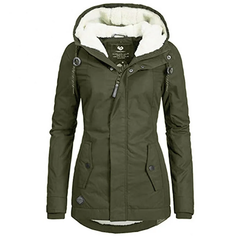 2022 New Women's Warm Jacket, Fashion Cotton Padded Jacket Black Women's Solid Color Hooded Fur Warm Jacket