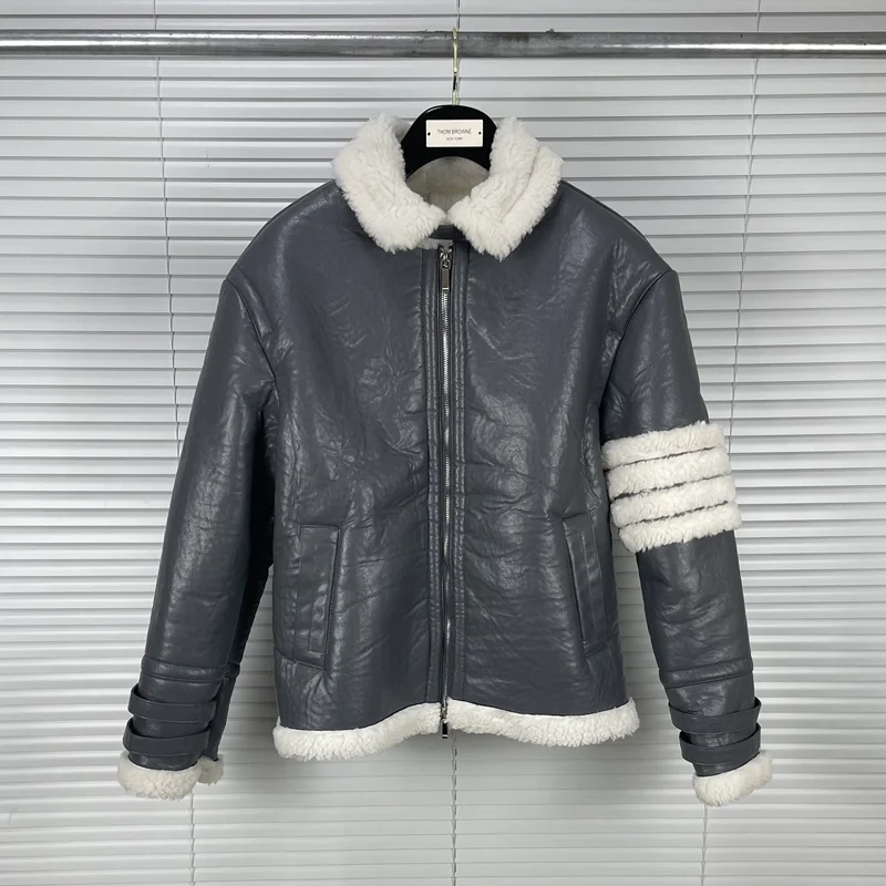 

THOM 2023 Модная брендовая кожаная куртка TB, мужская повседневная теплая замшевая однотонная шерстяная куртка, полосатая Толстая осенне-зимняя куртка с мехом