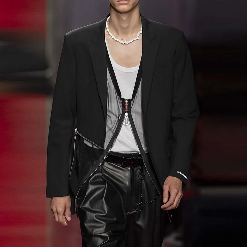 

Мужской повседневный костюм с круглым вырезом, черный модный Индивидуальный мужской костюм на молнии, костюм большого размера, сценическое платье для выступлений