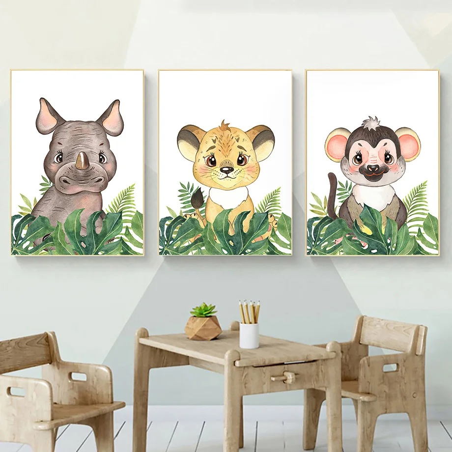 Настенная картина &quotЛев слон жираф зебра носорог монстера&quot