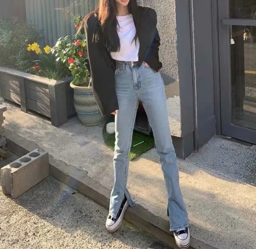 

2021 Spring Fall New High Waist Mopping Pants Wide Leg Denim Trousers New Female Solid Pants Women Split Y2k Flared Blue Jeans