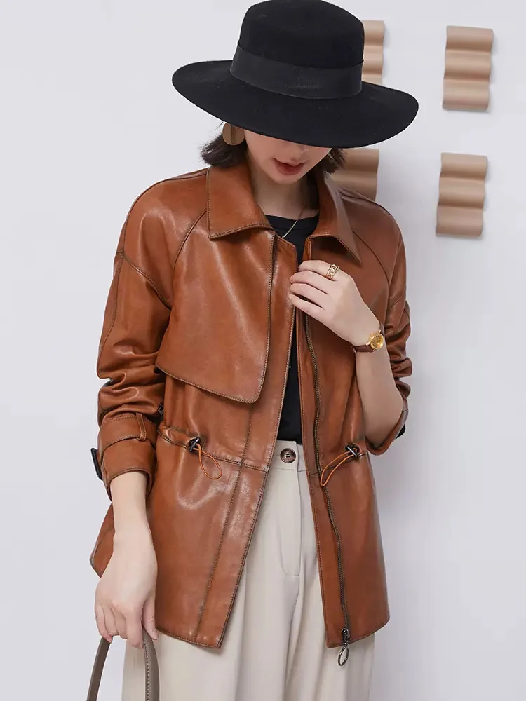 New Women Sheepskin Coat Autumn Winter Fashion Casual Turn-down Collar Adjustable Waist Genuine Leather Jacket Loose Outerwear