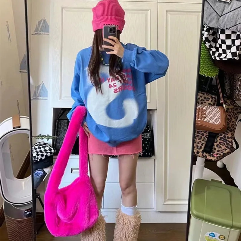 

New Rabbit Fur Plush Bags Women Autumn Winter Versatile Shoulder Bags Fake Fur Rose Red Crossbody Student Girl Bag