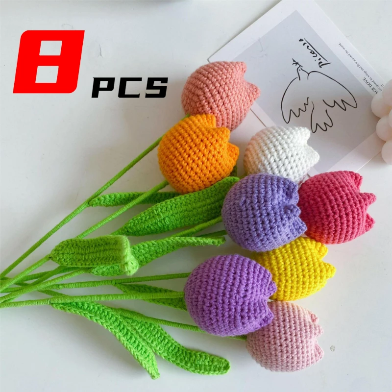 8pcs Knit Flower Tulips Fake Flowers Creative Bouquet Wedding Hand-woven Home Decoration Table Decorate Knitting Bouquet