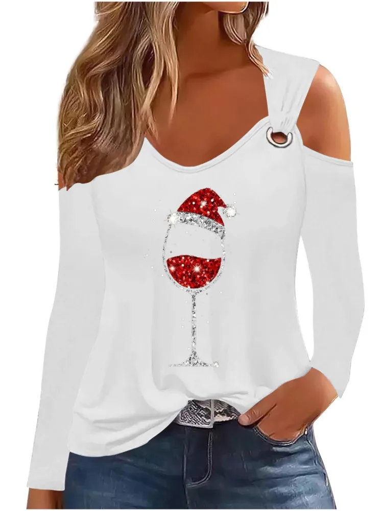 

2024 Autumn Winter Fashion Shiny Christmas Tree Print Tee Women Elegant Off Shoulder Long Sleeve Metal Buckle V Neck T Shirt