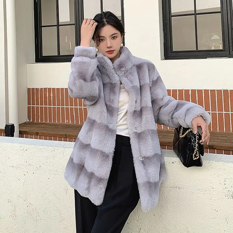Winter New Loose Long Faux Fur Coat Women Solid Stand Collar Thick Warm Fluffy Jacket Female Clothing Korean Fashion Tops Parkas