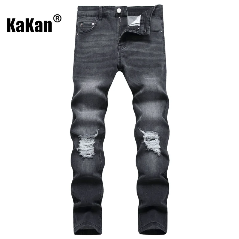 Kakan - New Distressed Trendy Personalized Black Jeans for Men, Slim Fit Straight Mid Waist Long Jeans K19-8832