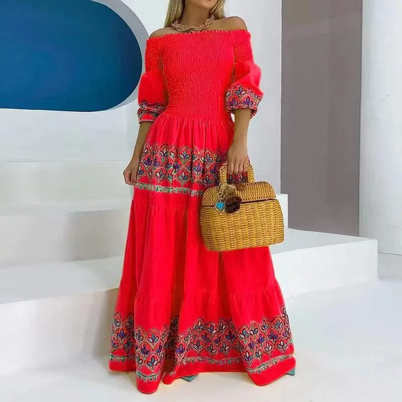 Женское длинное свободное платье макси желтое в этническом стиле с высокой