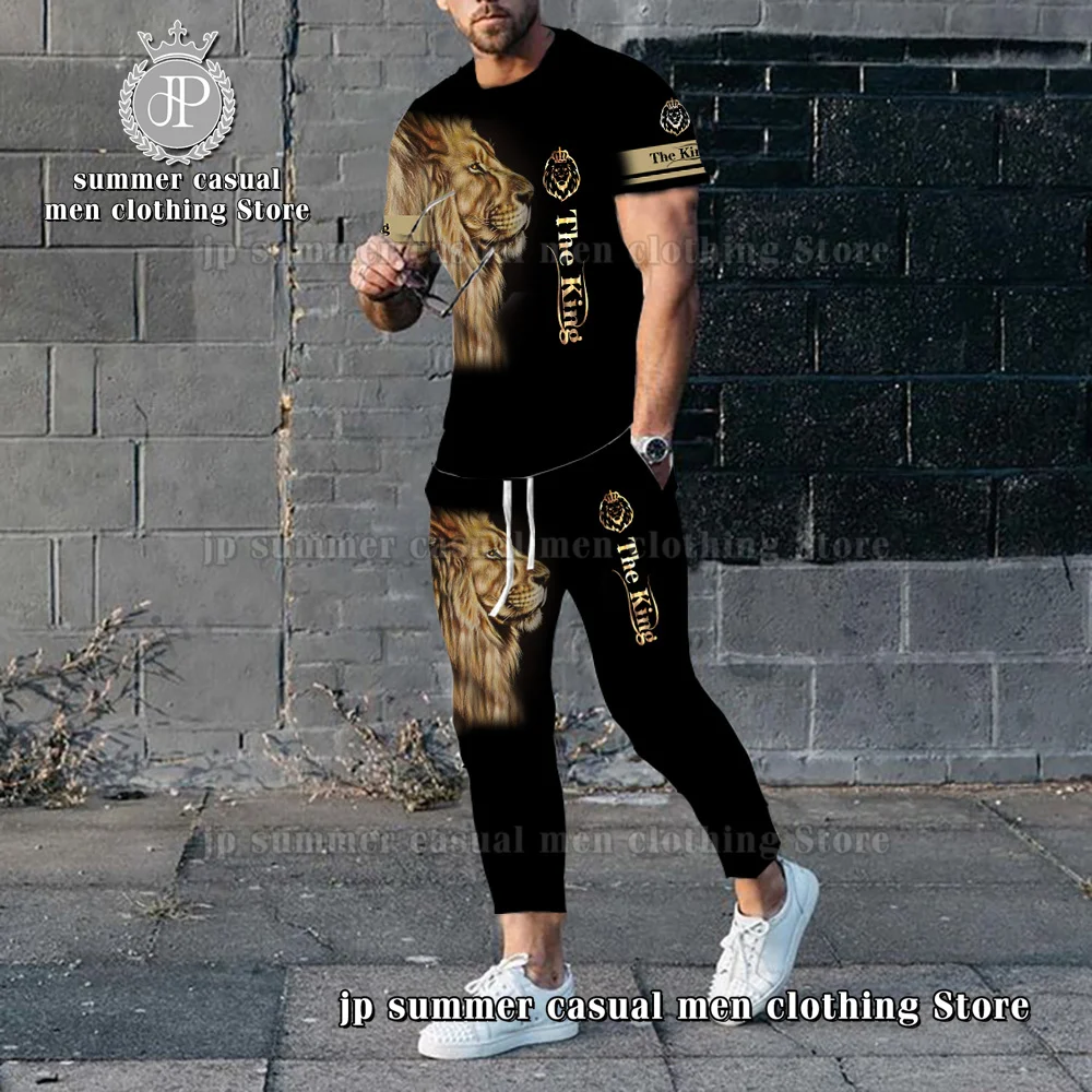 2023 New Men's Tracksuit 2 Piece Lion 3D Print O Neck Short Sleeve T shirt+Long Trousers Street Fashion Casual Men Jogging Set